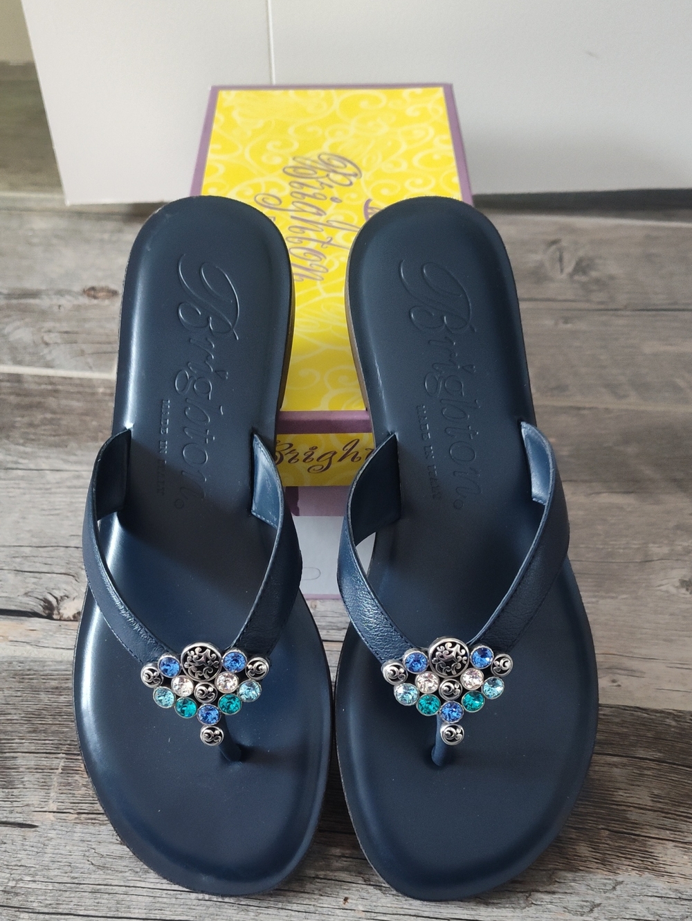 Brighton Navy Sandal Thongs with Blue & Aqua Jewel Accents